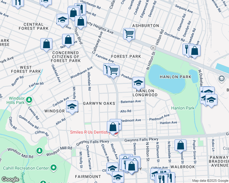 map of restaurants, bars, coffee shops, grocery stores, and more near 2800 Garrison Boulevard in Baltimore