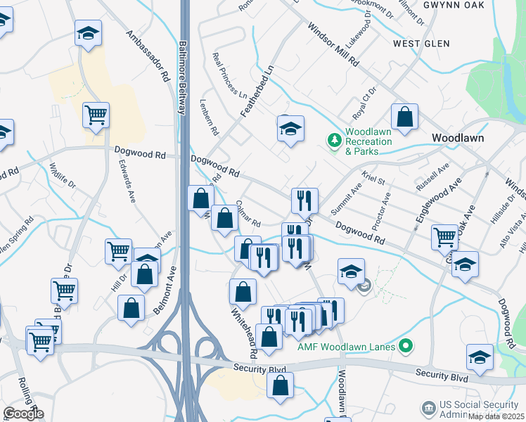 map of restaurants, bars, coffee shops, grocery stores, and more near 6611 Bowman Hill Drive in Woodlawn
