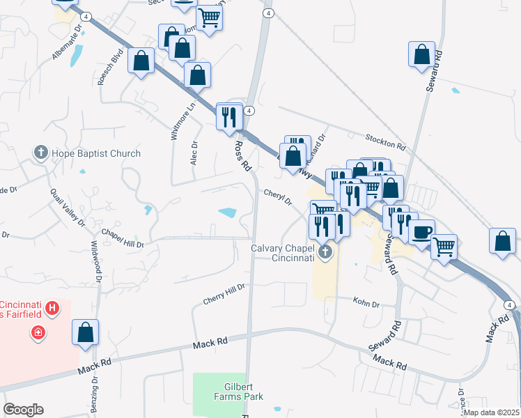 map of restaurants, bars, coffee shops, grocery stores, and more near 5860 Ross Road in Fairfield
