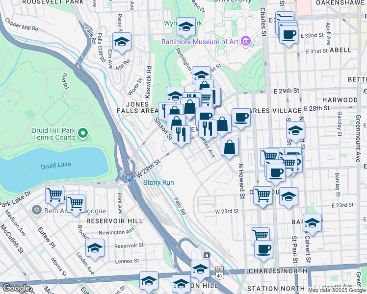 map of restaurants, bars, coffee shops, grocery stores, and more near 2725 Sisson Street in Baltimore