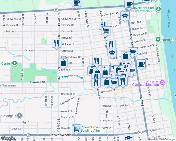 map of restaurants, bars, coffee shops, grocery stores, and more near 777 Miami Street in Leavenworth