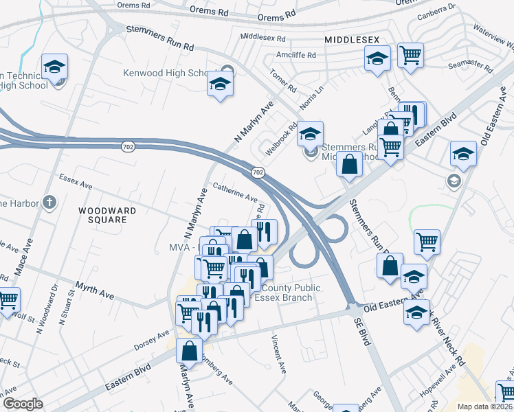 map of restaurants, bars, coffee shops, grocery stores, and more near 362 Leeanne Road in Essex