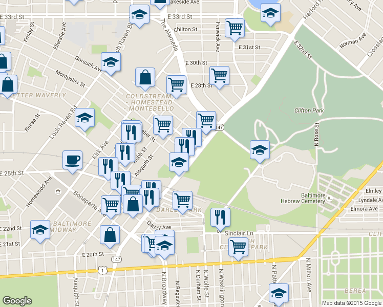 map of restaurants, bars, coffee shops, grocery stores, and more near 2612 Harford Road in Baltimore