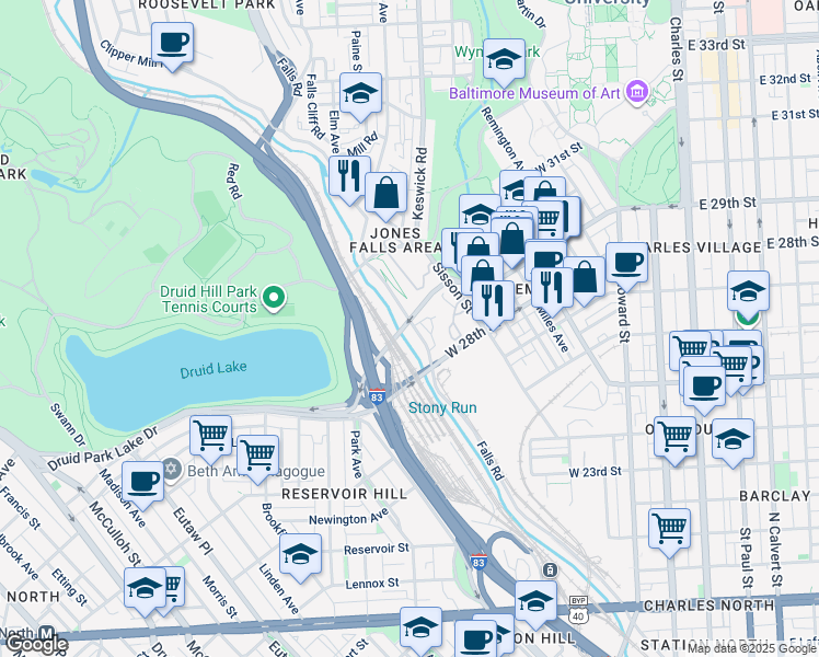 map of restaurants, bars, coffee shops, grocery stores, and more near 25 East Coast Greenway in Baltimore