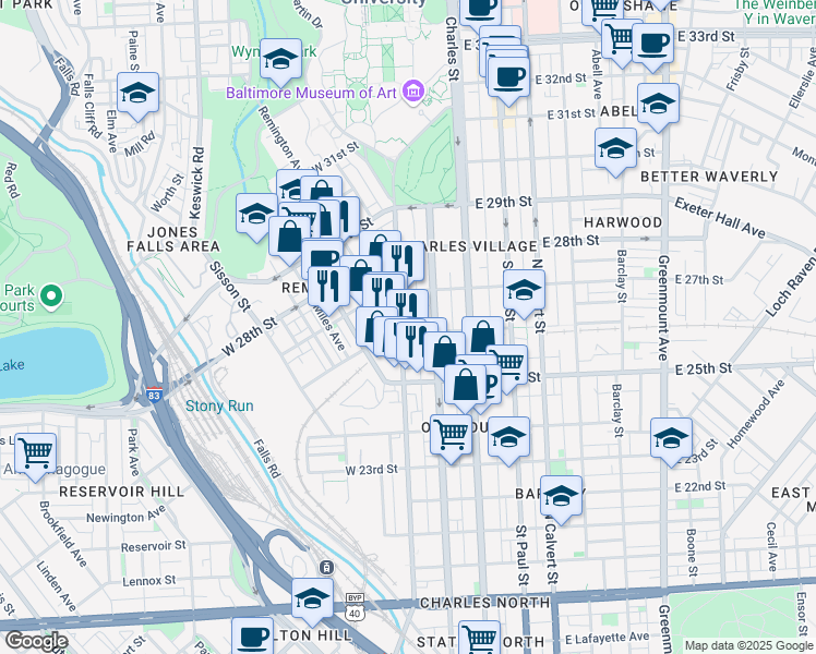 map of restaurants, bars, coffee shops, grocery stores, and more near 2601 North Howard Street in Baltimore