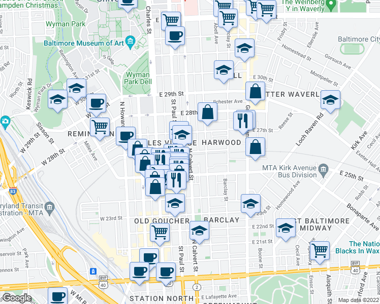 map of restaurants, bars, coffee shops, grocery stores, and more near North Calvert Street & East 26th Street in Baltimore