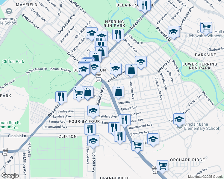 map of restaurants, bars, coffee shops, grocery stores, and more near 3428 Erdman Avenue in Baltimore