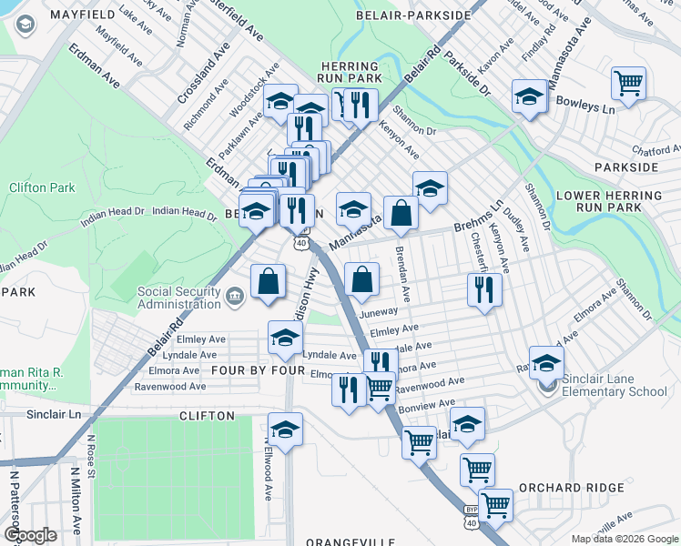 map of restaurants, bars, coffee shops, grocery stores, and more near 3428 Maryland 151 in Baltimore