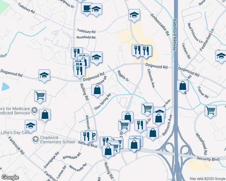 map of restaurants, bars, coffee shops, grocery stores, and more near 7008 Glen Spring Road in Woodlawn