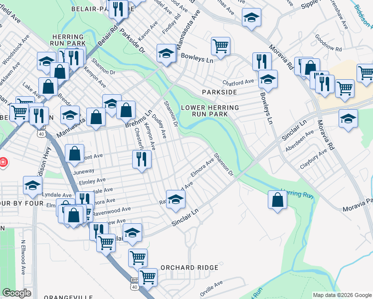 map of restaurants, bars, coffee shops, grocery stores, and more near 3630 Raymonn Avenue in Baltimore