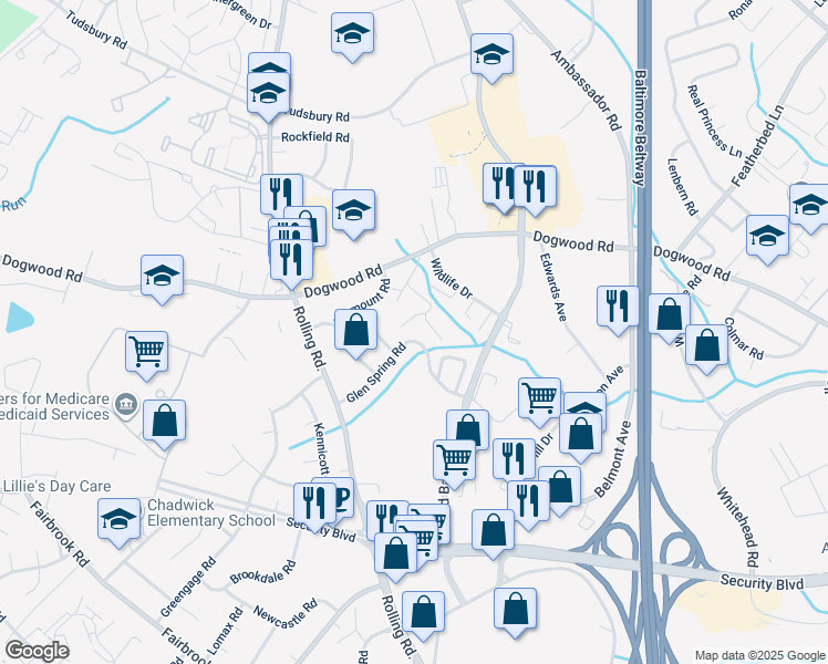 map of restaurants, bars, coffee shops, grocery stores, and more near 7008 Glen Spring Road in Woodlawn