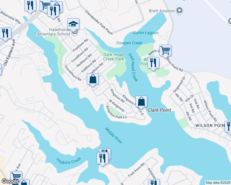 map of restaurants, bars, coffee shops, grocery stores, and more near 631 Kingston Road in Middle River