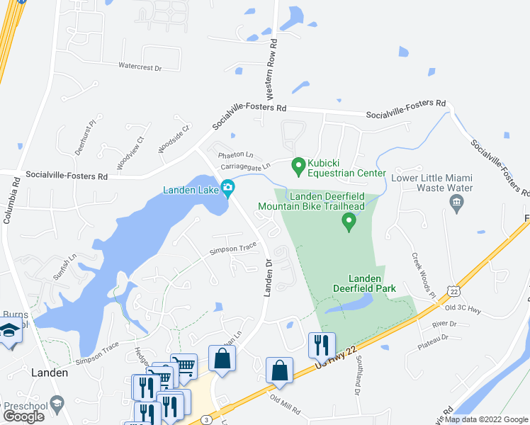 map of restaurants, bars, coffee shops, grocery stores, and more near 8100 Halyard Court in Maineville