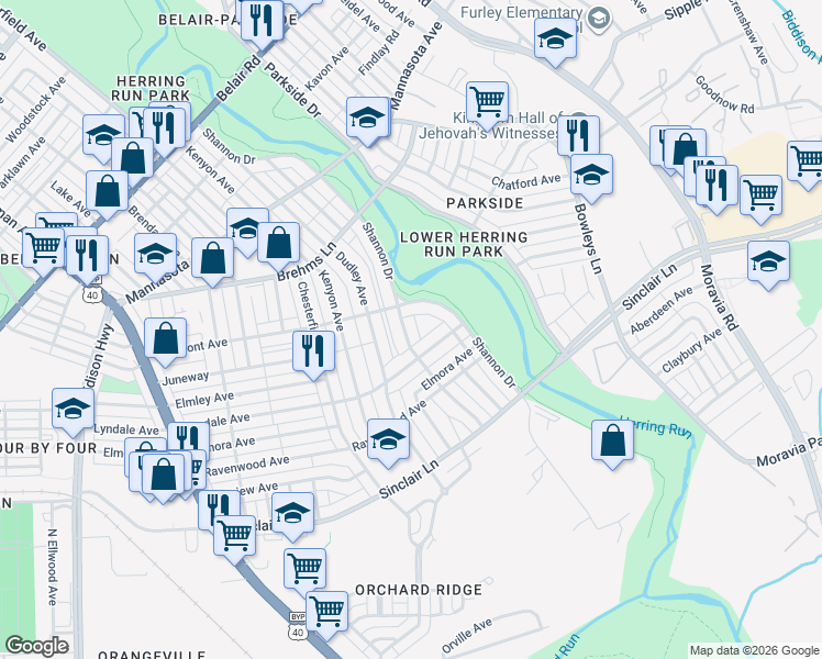 map of restaurants, bars, coffee shops, grocery stores, and more near 3632 Raymonn Avenue in Baltimore