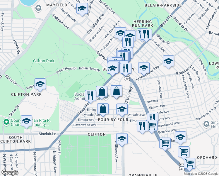 map of restaurants, bars, coffee shops, grocery stores, and more near 3110 Cliftmont Avenue in Baltimore