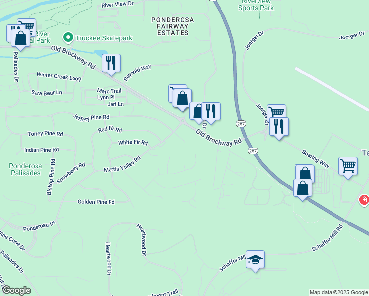 map of restaurants, bars, coffee shops, grocery stores, and more near 10081 Jeffery Pine Road in Truckee