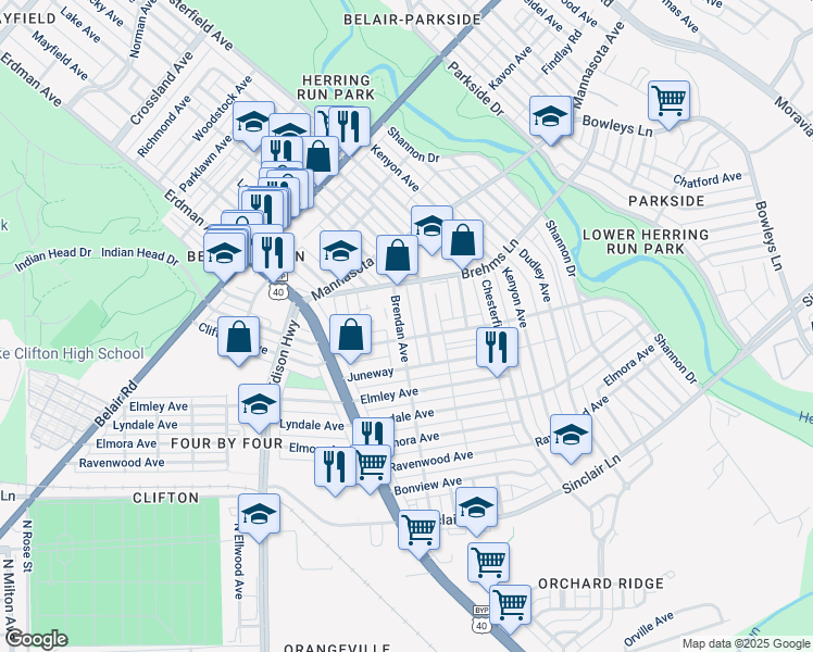 map of restaurants, bars, coffee shops, grocery stores, and more near 3414 Brendan Avenue in Baltimore