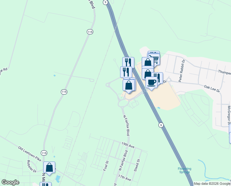 map of restaurants, bars, coffee shops, grocery stores, and more near Baker Place in Ranson