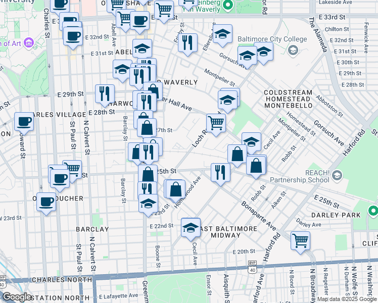 map of restaurants, bars, coffee shops, grocery stores, and more near 2698 Loch Raven Road in Baltimore