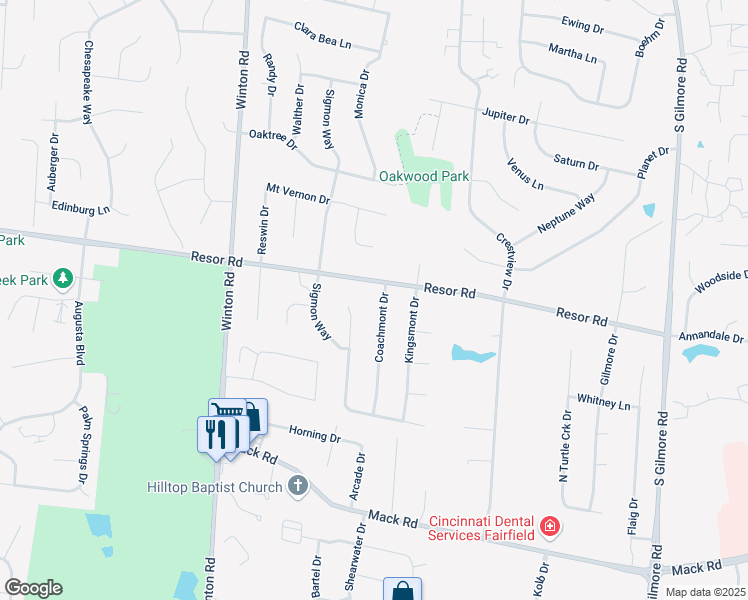 map of restaurants, bars, coffee shops, grocery stores, and more near 5820 Highwood Drive in Fairfield