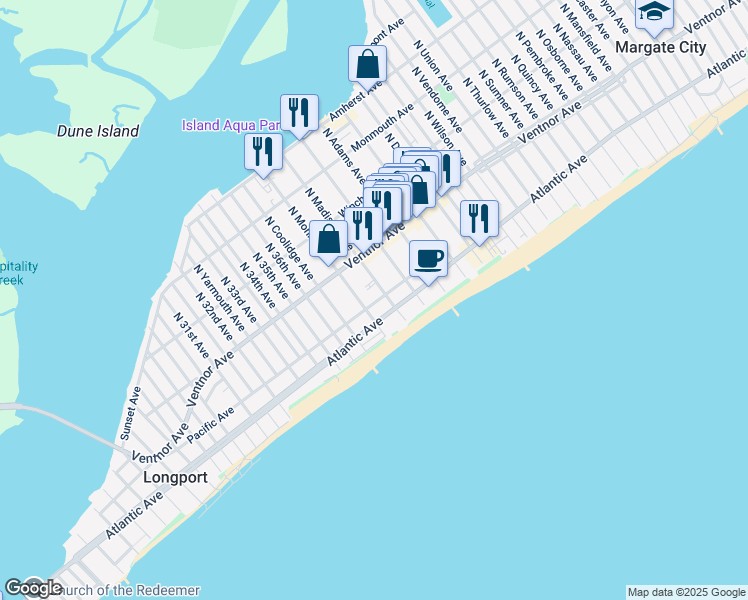 map of restaurants, bars, coffee shops, grocery stores, and more near 9610 Pacific Avenue in Margate City