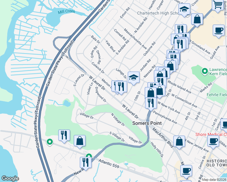 map of restaurants, bars, coffee shops, grocery stores, and more near 4 Merion Drive in Somers Point