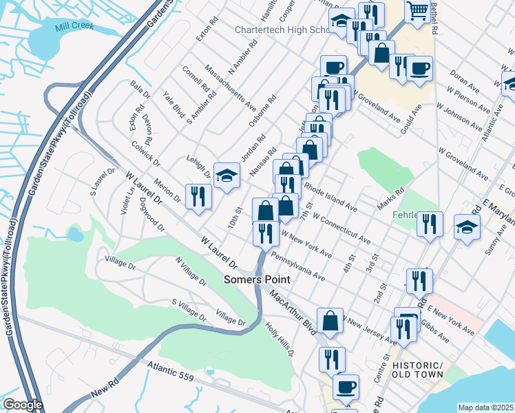 map of restaurants, bars, coffee shops, grocery stores, and more near 645 9th Street in Somers Point