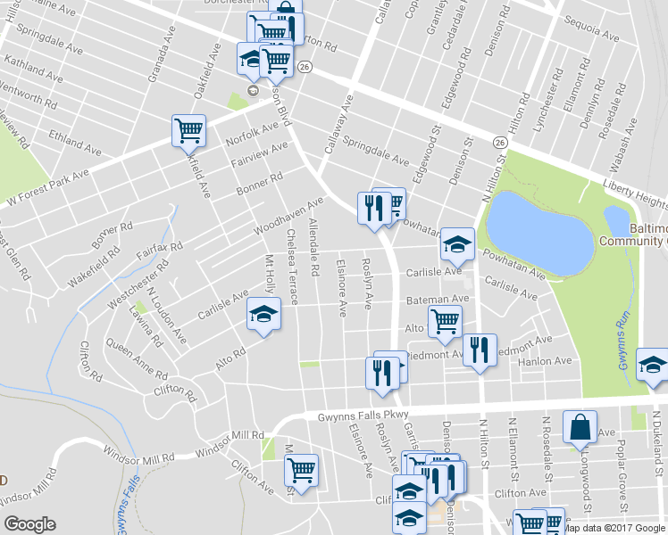 map of restaurants, bars, coffee shops, grocery stores, and more near 2802 Elsinore Ave in Baltimore