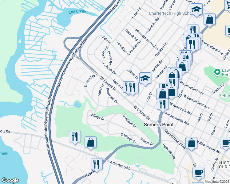 map of restaurants, bars, coffee shops, grocery stores, and more near 60 West Laurel Drive in Somers Point