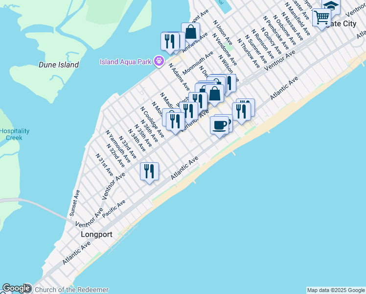 map of restaurants, bars, coffee shops, grocery stores, and more near 14 South Monroe Avenue in Margate City
