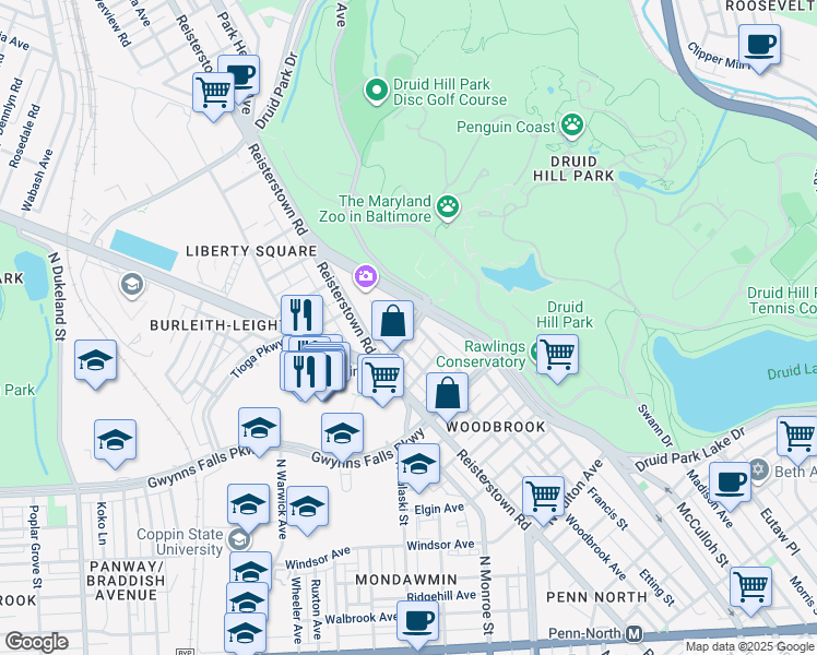map of restaurants, bars, coffee shops, grocery stores, and more near 2100 Liberty Heights Avenue in Baltimore