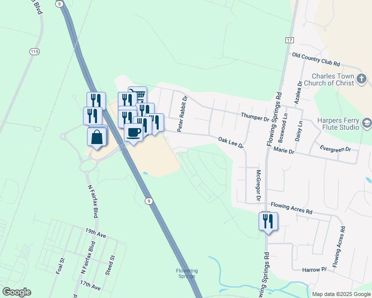 map of restaurants, bars, coffee shops, grocery stores, and more near 74 National Street in Ranson