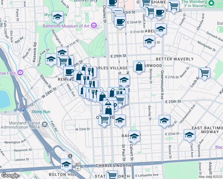 map of restaurants, bars, coffee shops, grocery stores, and more near 2603 North Charles Street in Baltimore