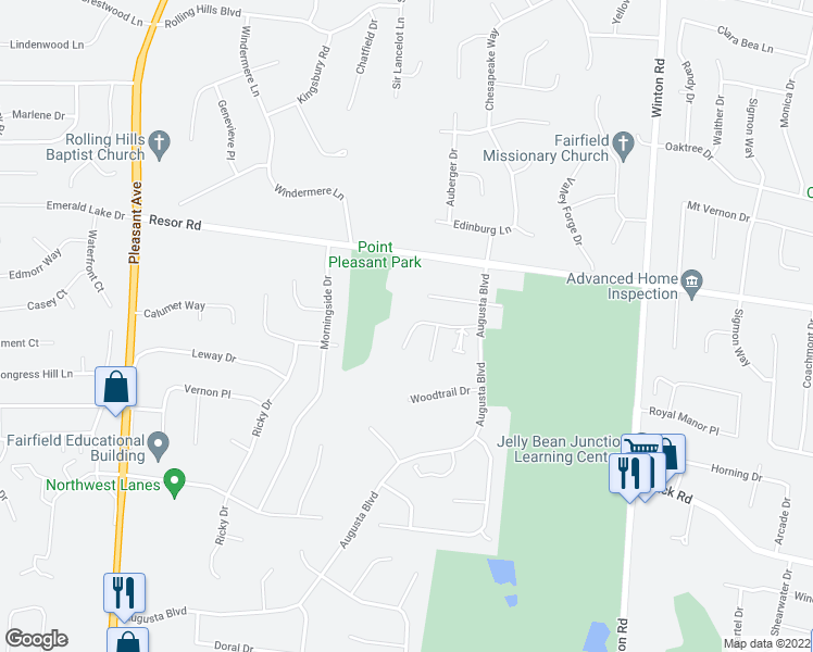 map of restaurants, bars, coffee shops, grocery stores, and more near 2044 Woodcreek Drive in Fairfield