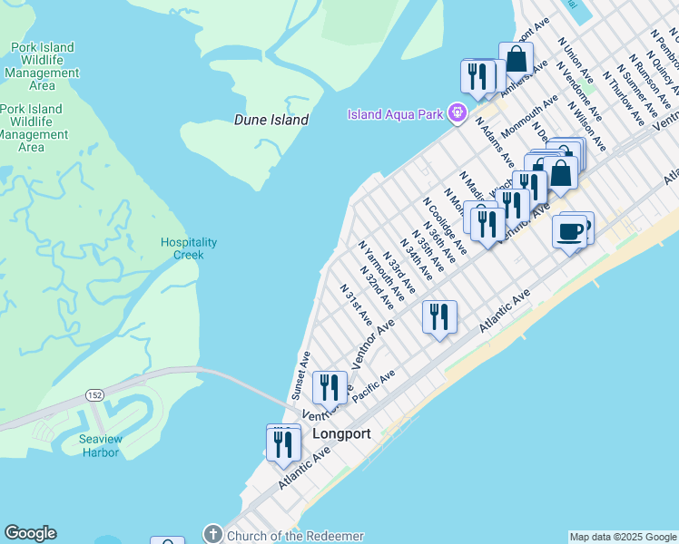 map of restaurants, bars, coffee shops, grocery stores, and more near 127 North 31st Avenue in Longport