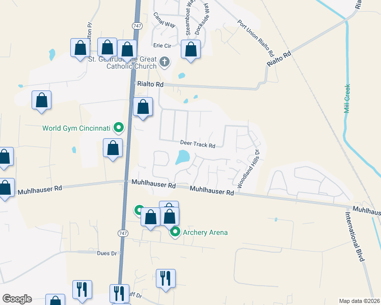 map of restaurants, bars, coffee shops, grocery stores, and more near 4990 Columbia Circle in Butler County