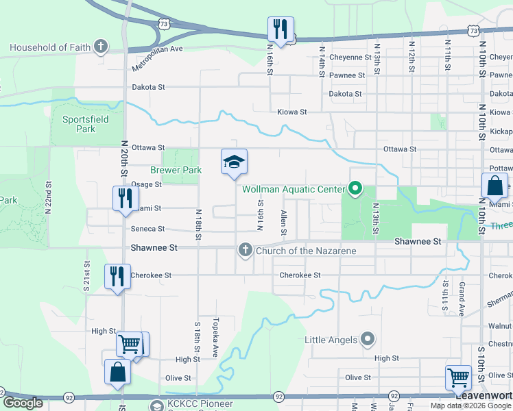 map of restaurants, bars, coffee shops, grocery stores, and more near 307 North 16th Street in Leavenworth