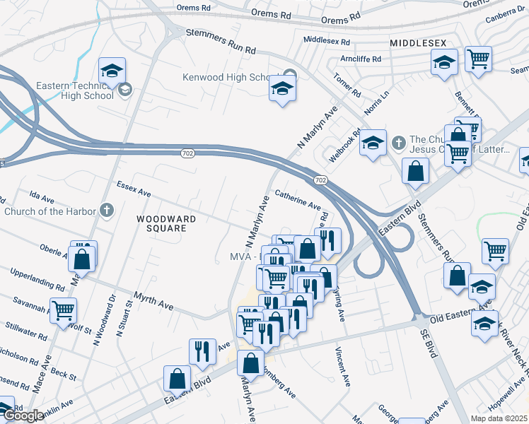 map of restaurants, bars, coffee shops, grocery stores, and more near 313 North Marlyn Avenue in Essex