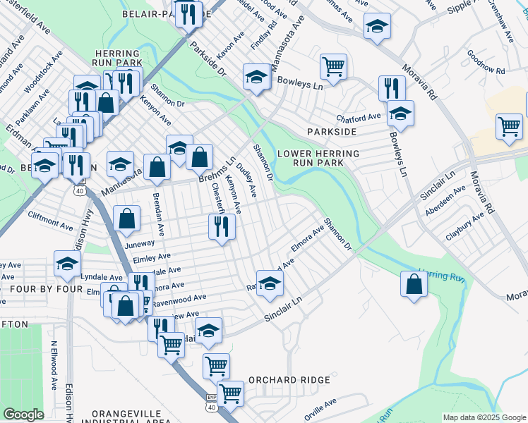 map of restaurants, bars, coffee shops, grocery stores, and more near 3618 Dudley Avenue in Baltimore