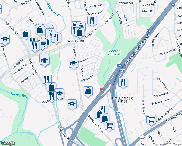 map of restaurants, bars, coffee shops, grocery stores, and more near 5416 Parkside Place in Baltimore