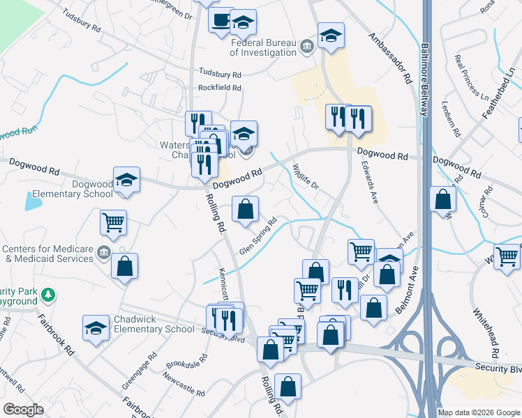 map of restaurants, bars, coffee shops, grocery stores, and more near 2107 Kalb Manor Road in Woodlawn