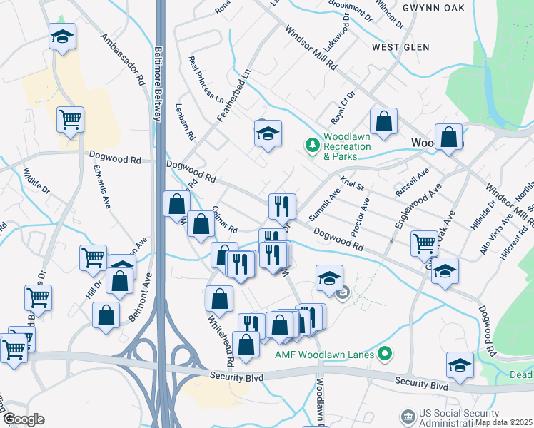 map of restaurants, bars, coffee shops, grocery stores, and more near 1805 Colmar Road in Baltimore
