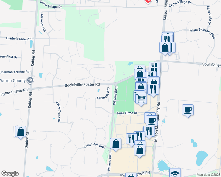 map of restaurants, bars, coffee shops, grocery stores, and more near 8306 Ashmont Way in Mason