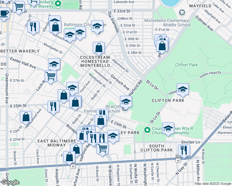 map of restaurants, bars, coffee shops, grocery stores, and more near 1734 Montpelier Street in Baltimore