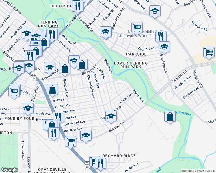 map of restaurants, bars, coffee shops, grocery stores, and more near 3616 Dudley Avenue in Baltimore