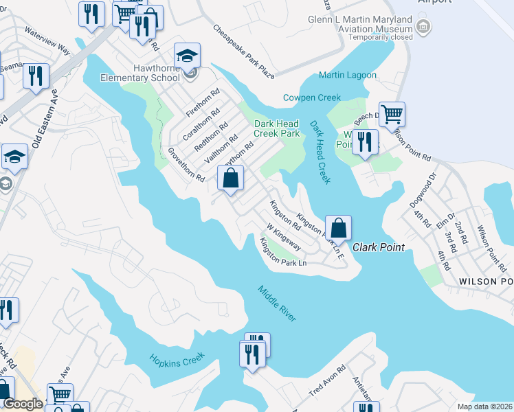 map of restaurants, bars, coffee shops, grocery stores, and more near 2134 Cockspur Road in Middle River