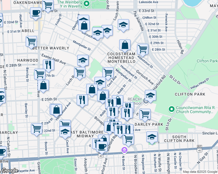 map of restaurants, bars, coffee shops, grocery stores, and more near 2553 Cecil Avenue in Baltimore