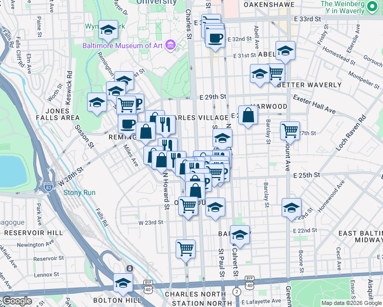 map of restaurants, bars, coffee shops, grocery stores, and more near 2600 North Charles Street in Baltimore