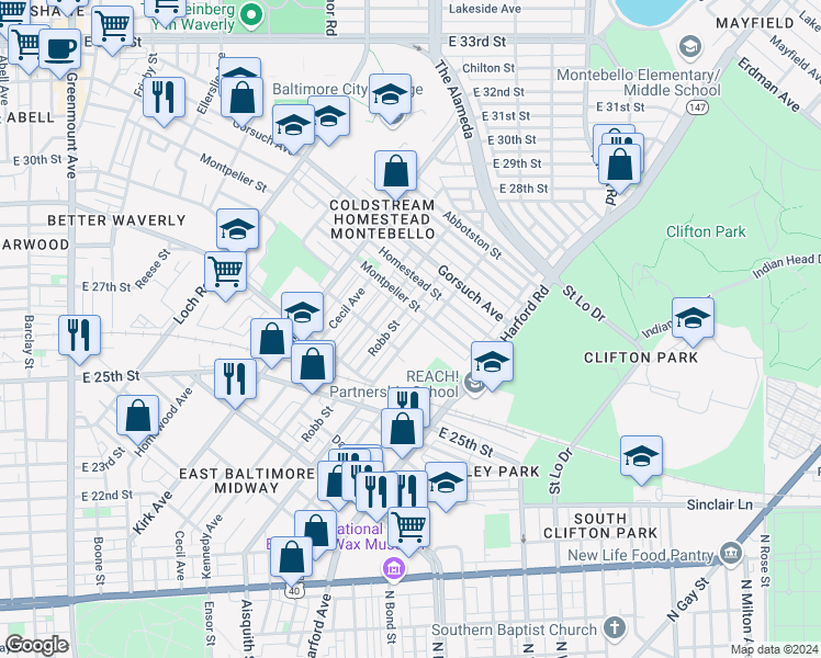 map of restaurants, bars, coffee shops, grocery stores, and more near 2630 Aisquith Street in Baltimore