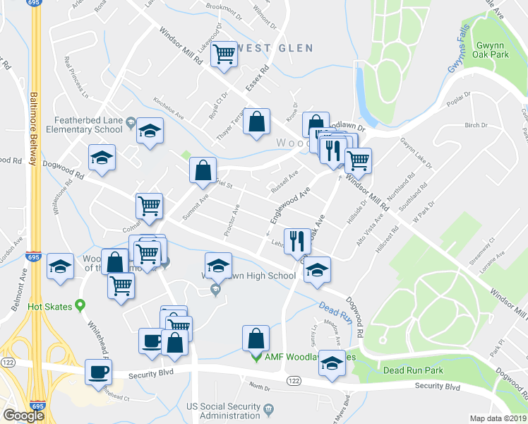 map of restaurants, bars, coffee shops, grocery stores, and more near 6426 Gilmore Street in Woodlawn